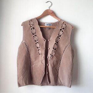 Cabin Creek Vintage Suede Crochet Western Boho Vest Top Tan Large
